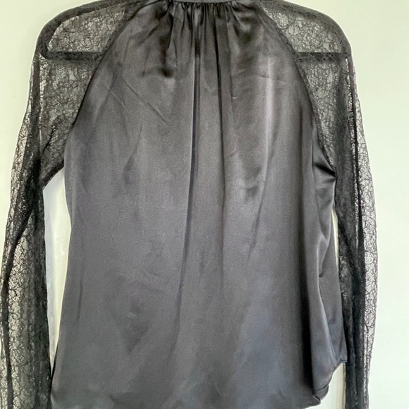 Jonathan Simkhai Satin Tie Neck Chantilly Lace Sleeve Wrap Black Blouse XS - Picture 12 of 12